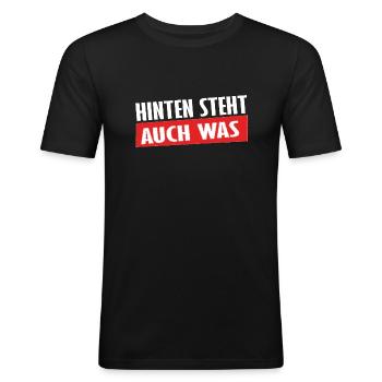 Hinten steht auch was lustiger cooler - Männer Slim Fit T-Shirt - Schwarz - Vorne - Nik (191cm)