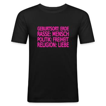 Gegen Rassismus - Männer Slim Fit T-Shirt - Schwarz - Vorne - Nik (191cm)