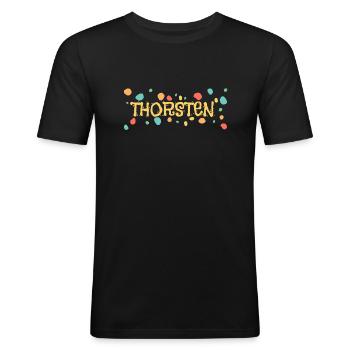Kleckse Farbkleckse Thorsten - Männer Slim Fit T-Shirt - Schwarz - Vorne - Nik (191cm)