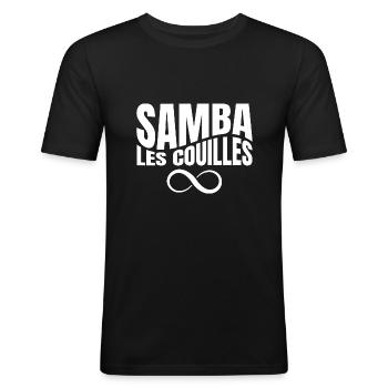 Samba les couilles - bat les couilles - punchline - T-shirt près du corps Homme - noir - Devant - Nik (191cm)