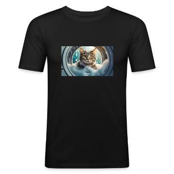 Wortspiel – Katzenwäsche - Männer Slim Fit T-Shirt - Schwarz - Vorne - Nik (191cm)