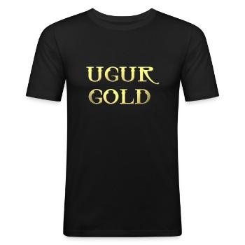 Ugur Gold / Held / Geld / Welt - Männer Slim Fit T-Shirt - Schwarz - Vorne - Nik (191cm)