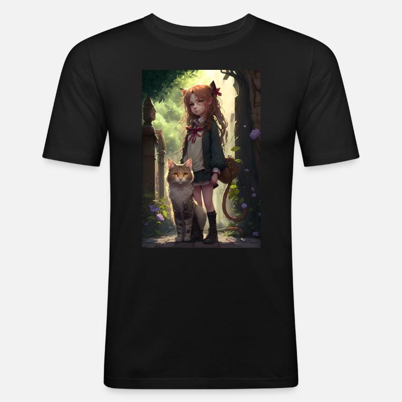 Anime Katze Mädchen Frau Geschenk - Männer Slim Fit T-Shirt - Schwarz