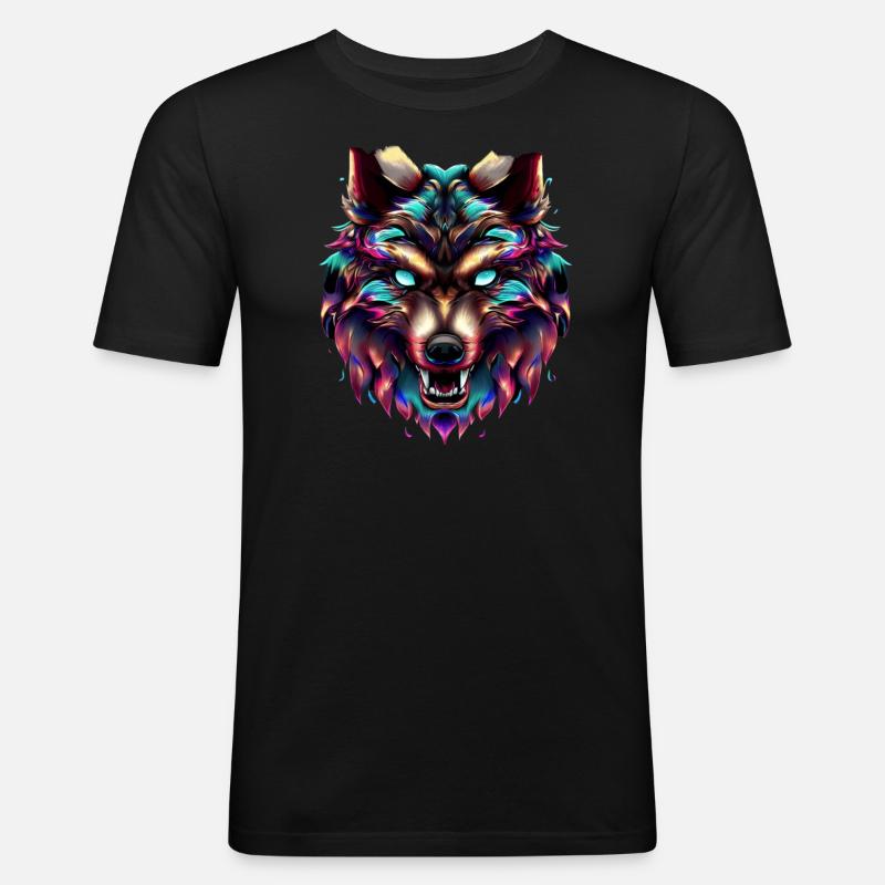 Wolfskopf Synthwave Wolf - Männer Slim Fit T-Shirt - Schwarz