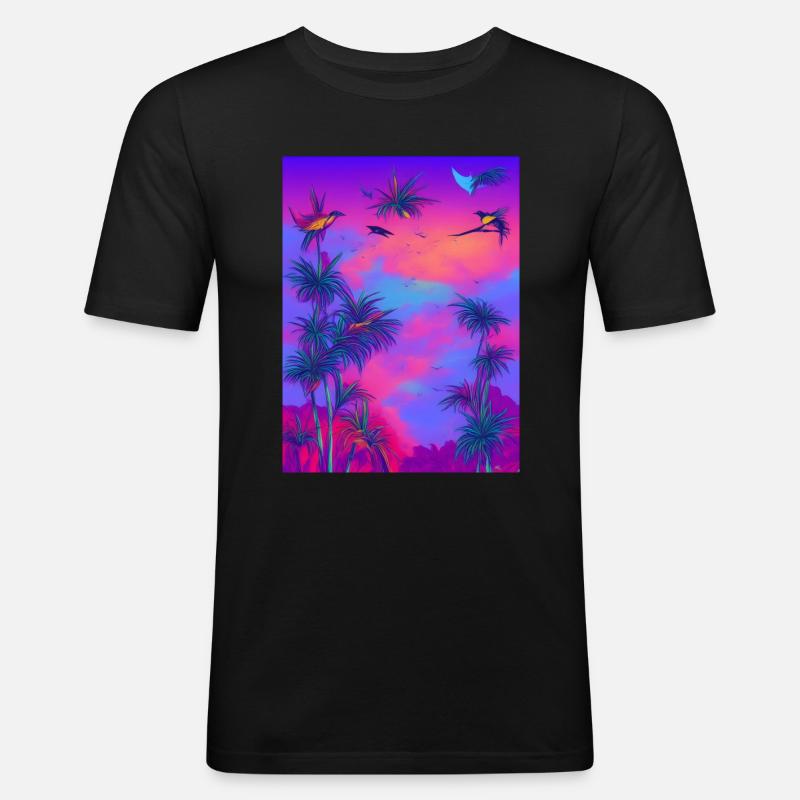 Synthwave Tropischer Vogel Paridise - Männer Slim Fit T-Shirt - Schwarz