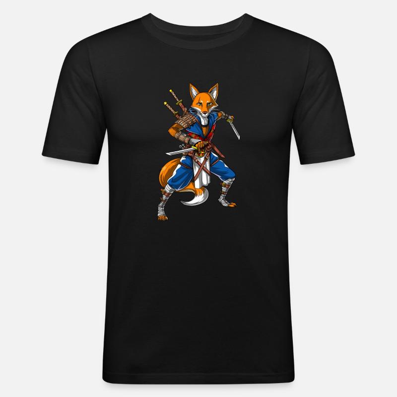 Fox Ninja Samurai - Männer Slim Fit T-Shirt - Schwarz