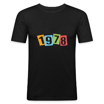 Né en 1978 – Anniversaire avec de grands numéros colorés - T-shirt près du corps Homme - noir - Devant - Nik (191cm)