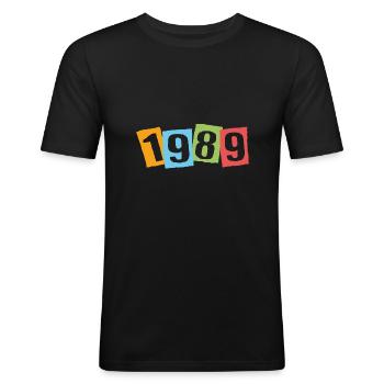 Né en 1989 – Anniversaire avec de grands numéros colorés - T-shirt près du corps Homme - noir - Devant - Nik (191cm)