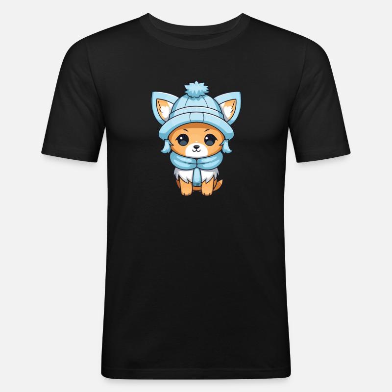 Fuchs Winter Comic - Männer Slim Fit T-Shirt - Schwarz