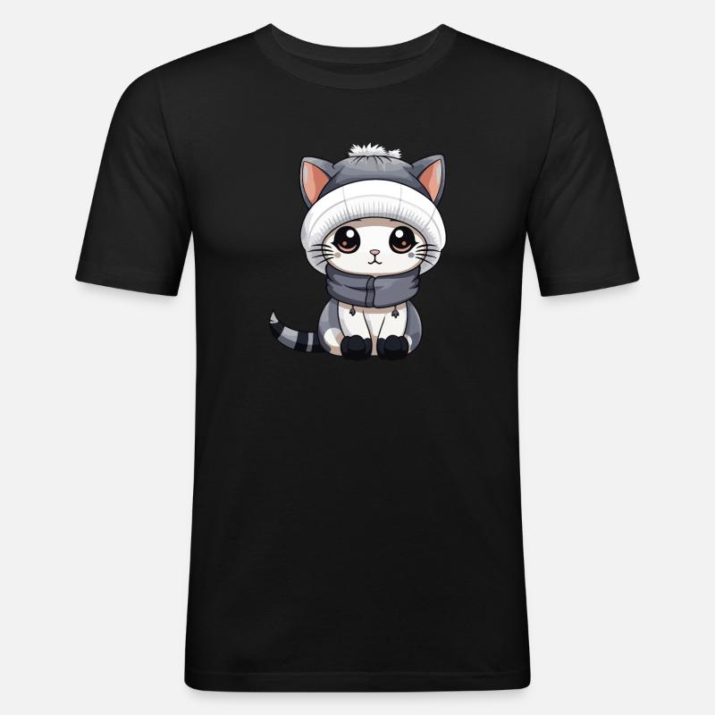 Chat Hiver Bande Dessinée Mignon - T-shirt près du corps Homme - noir