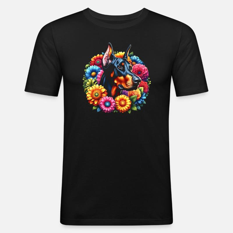 Dobermann in bunten Blumen - Männer Slim Fit T-Shirt - Schwarz