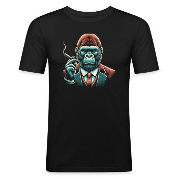 Gorilla raucht eine Zigarre - Männer Slim Fit T-Shirt - Schwarz - Vorne - Nik (191cm)