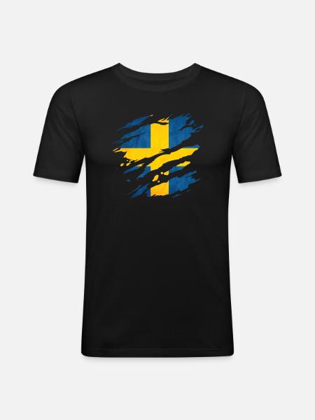 Suède - Drapeau national, rayures, fissures - T-shirt près du corps Homme - noir