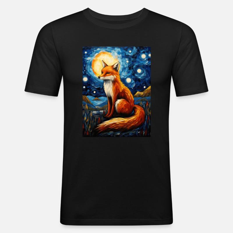 fuchs, Sternennacht, Van Gogh, Style - Männer Slim Fit T-Shirt - Schwarz
