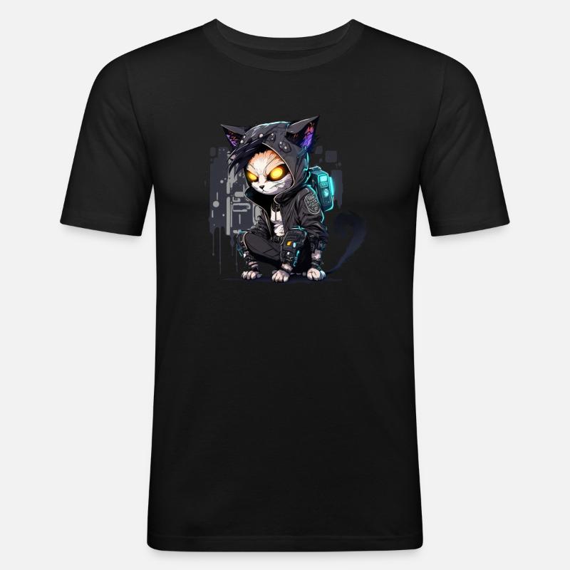 Cyber Hacker Cat - Männer Slim Fit T-Shirt - Schwarz