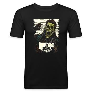 Eat Brains - Funny Zombie Illustration - Men's Slim Fit T-Shirt - black - Front - Nik (191cm)