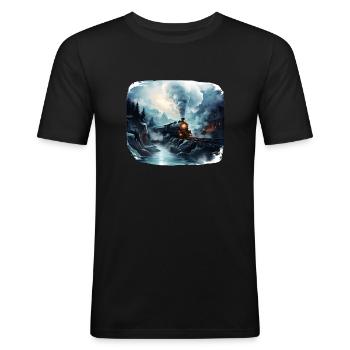 Locomotive à vapeur - T-shirt près du corps Homme - noir - Devant - Nik (191cm)