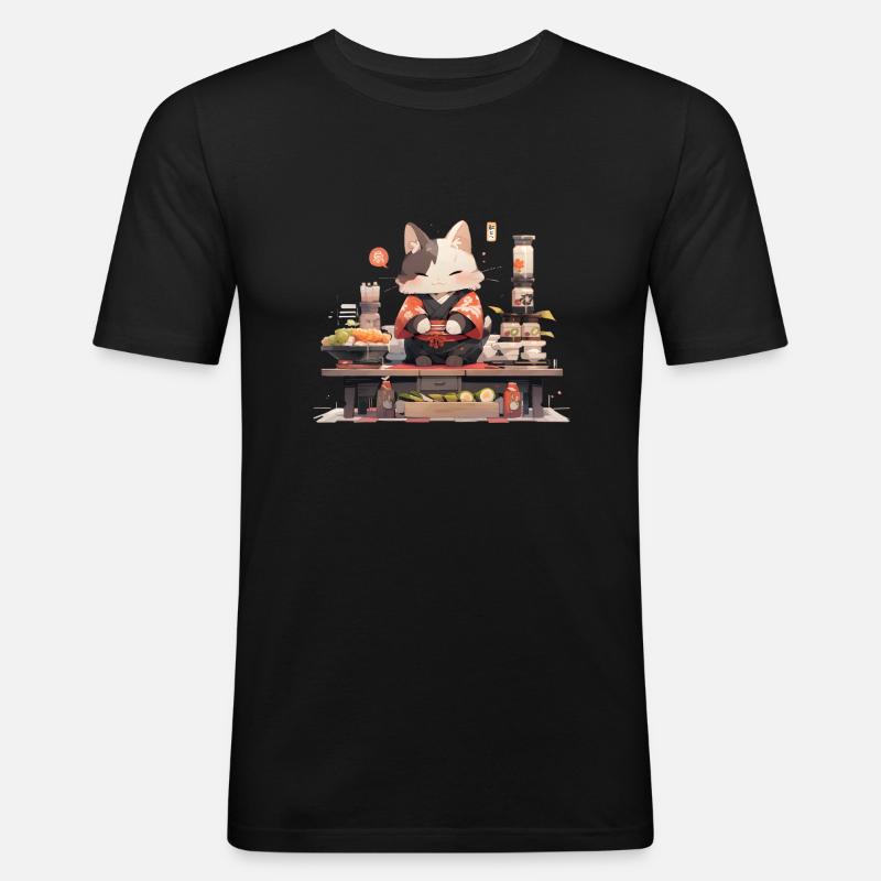 Samurai Cat eat Sushi - Männer Slim Fit T-Shirt - Schwarz