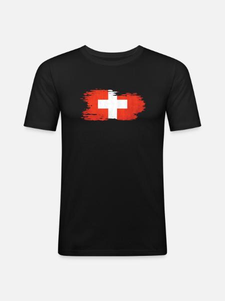 Switzerland - National Flag, Brush Effect - Men's Slim Fit T-Shirt - black