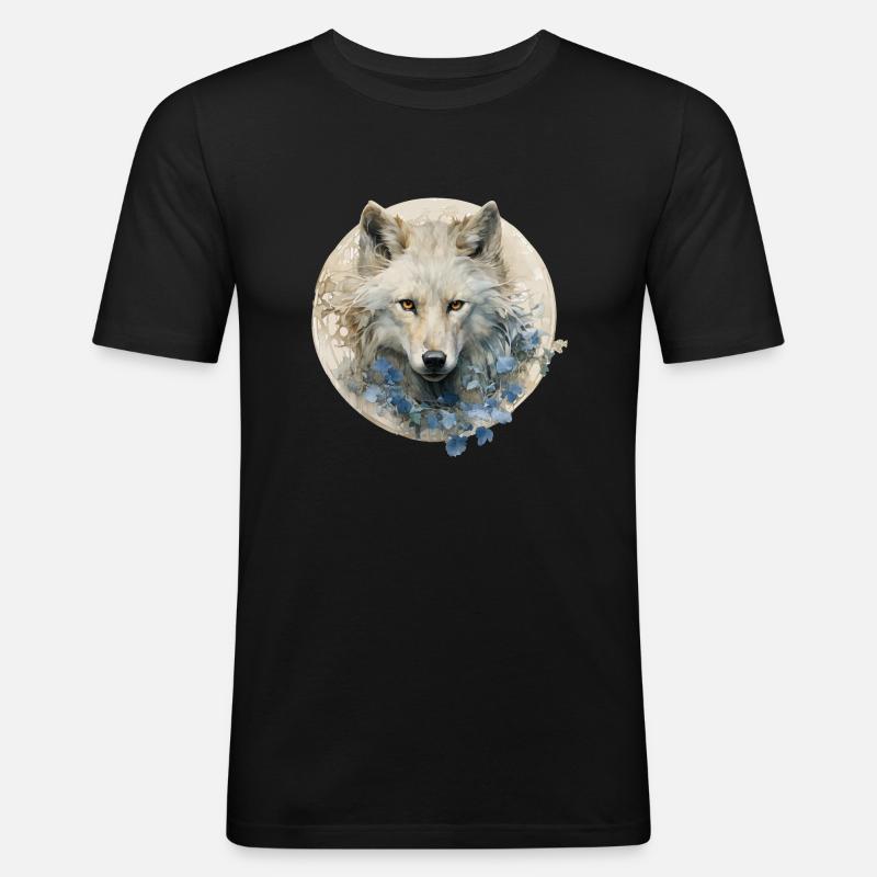 Weißer Wolf mit Art-déco-Blumen - Männer Slim Fit T-Shirt - Schwarz