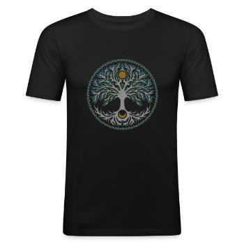 Baum des Lebens, Yggdrasil, Keltisches Symbol, - Männer Slim Fit T-Shirt - Schwarz - Vorne - Nik (191cm)