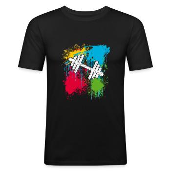Haltère | Gym | Musculation | Taches de couleur - T-shirt près du corps Homme - noir - Devant - Nik (191cm)