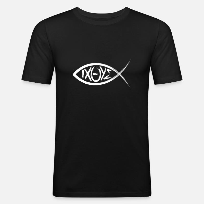 Ichthys Christian Fish Cristianesimo Fish Sym - Maglietta aderente da uomo - nero