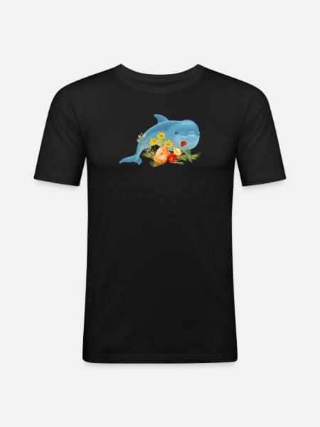 Dolphin with beautiful flowers - Men's Slim Fit T-Shirt - black