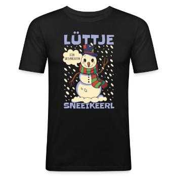 Lüttje Sneeikeerl kleiner Schneemann - Männer Slim Fit T-Shirt - Schwarz - Vorne - Nik (191cm)