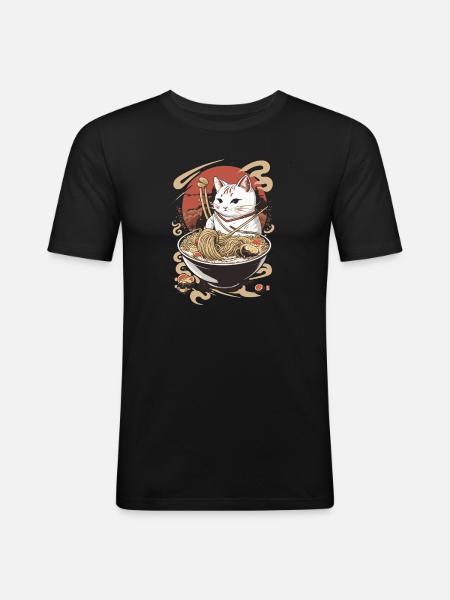 Japanese Ramen Cat | Maru - Men's Slim Fit T-Shirt - black
