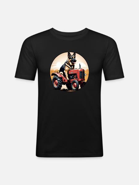 Deutscher Schäferhund fährt einen Oldtimer-Ackerschlepper - Männer Slim Fit T-Shirt - Schwarz