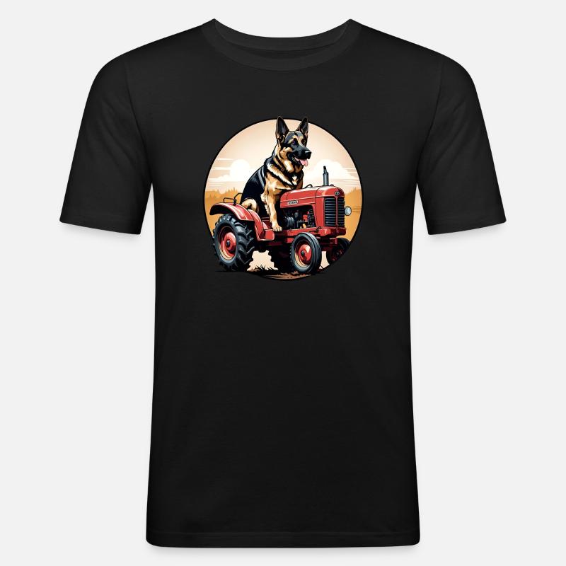 Deutscher Schäferhund fährt einen Oldtimer-Ackerschlepper - Männer Slim Fit T-Shirt - Schwarz