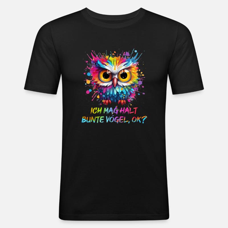 LUSTIGE BUNTE EULE - Männer Slim Fit T-Shirt - Schwarz