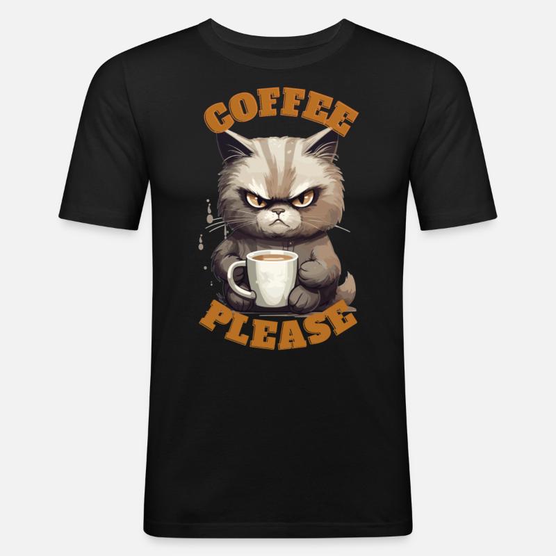 Coffee Please Cat - Männer Slim Fit T-Shirt - Schwarz