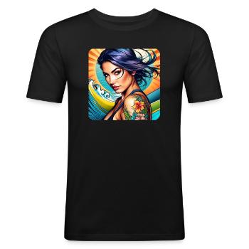 Jolie fille de plage avec des tatouages de fleurs - T-shirt près du corps Homme - noir - Devant - Nik (191cm)
