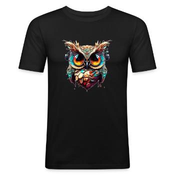 Hibou aux grands yeux sous des lunettes fraîches - T-shirt près du corps Homme - noir - Devant - Nik (191cm)