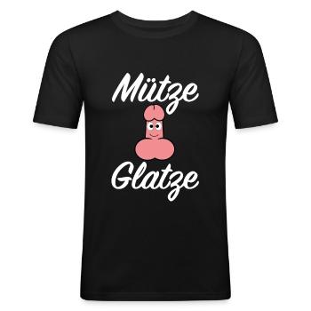 Mütze Glatze | Penis, onanieren, lustige Sprüche - Männer Slim Fit T-Shirt - Schwarz - Vorne - Nik (191cm)