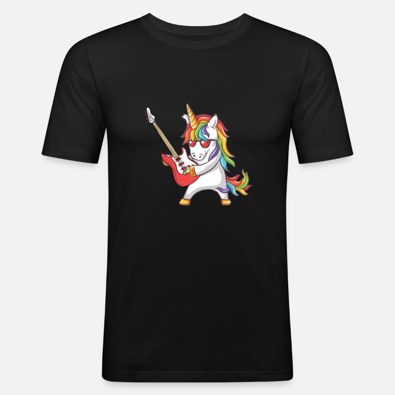 Einhorn mit E-Gitarre - Männer Slim Fit T-Shirt - Schwarz