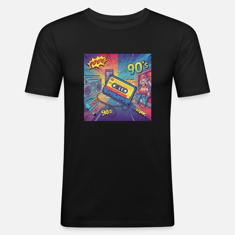 90er-Vibes: Comic-Kassette im Retro-Look - Männer Slim Fit T-Shirt - Schwarz