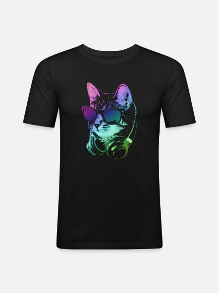 DJ Cat In Neon Lights - Men's Slim Fit T-Shirt - black