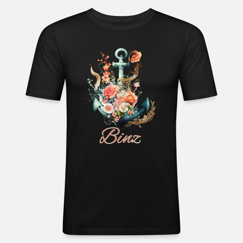 Binz-Anker mit Blumen - Männer Slim Fit T-Shirt - Schwarz