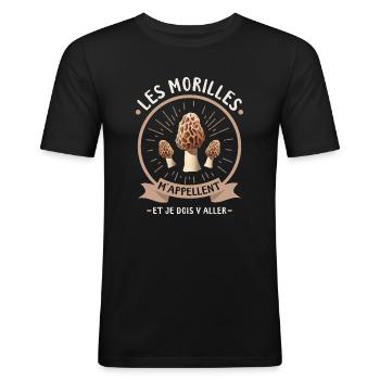 Morille Champignon Cueillette Morilles Champignons - T-shirt près du corps Homme - noir - Devant - Nik (191cm)