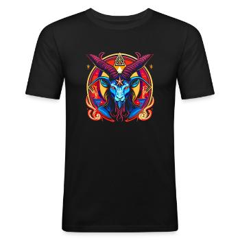 Baphomet - Luzifer - Teufel - Satan - 666 - Männer Slim Fit T-Shirt - Schwarz - Vorne - Nik (191cm)