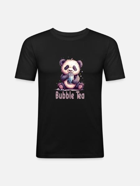 Niedlicher Panda mit Tee - Männer Slim Fit T-Shirt - Schwarz