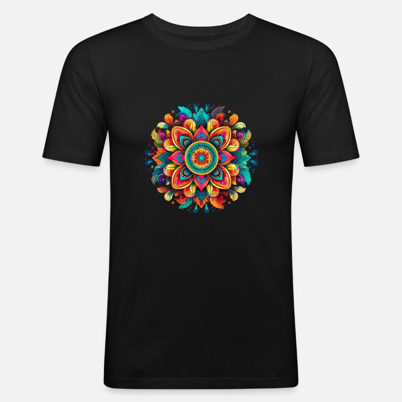 Buntes Mandala Lebendiges Blumenmuster - Männer Slim Fit T-Shirt - Schwarz