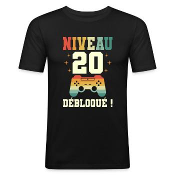 Anniversaire 20 Ans Geek Niveau 20 Humour - T-shirt près du corps Homme - noir - Devant - Nik (191cm)