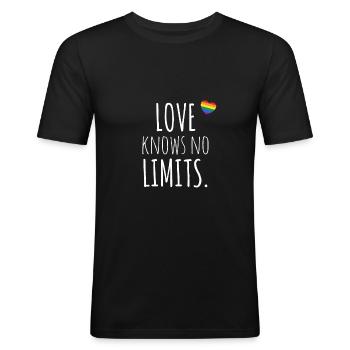 LOVE KNOWS NO LIMITS - LGBT Pride Regenbogen CSD - Männer Slim Fit T-Shirt - Schwarz - Vorne - Nik (191cm)