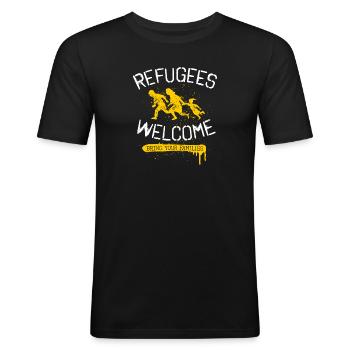 refugees welcome - stencil - bleiberecht für alle - Männer Slim Fit T-Shirt - Schwarz - Vorne - Nik (191cm)