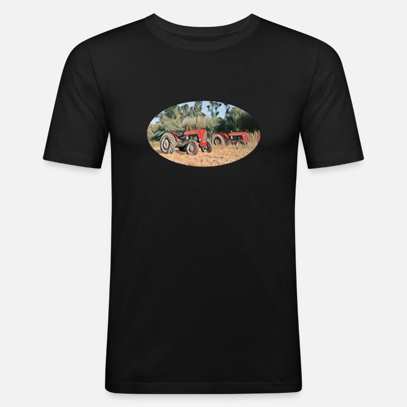 Rote Traktoren im Feld - Männer Slim Fit T-Shirt - Schwarz