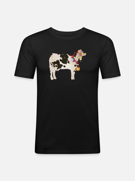 vache décorée avec cloche et décorations florales - T-shirt près du corps Homme - noir